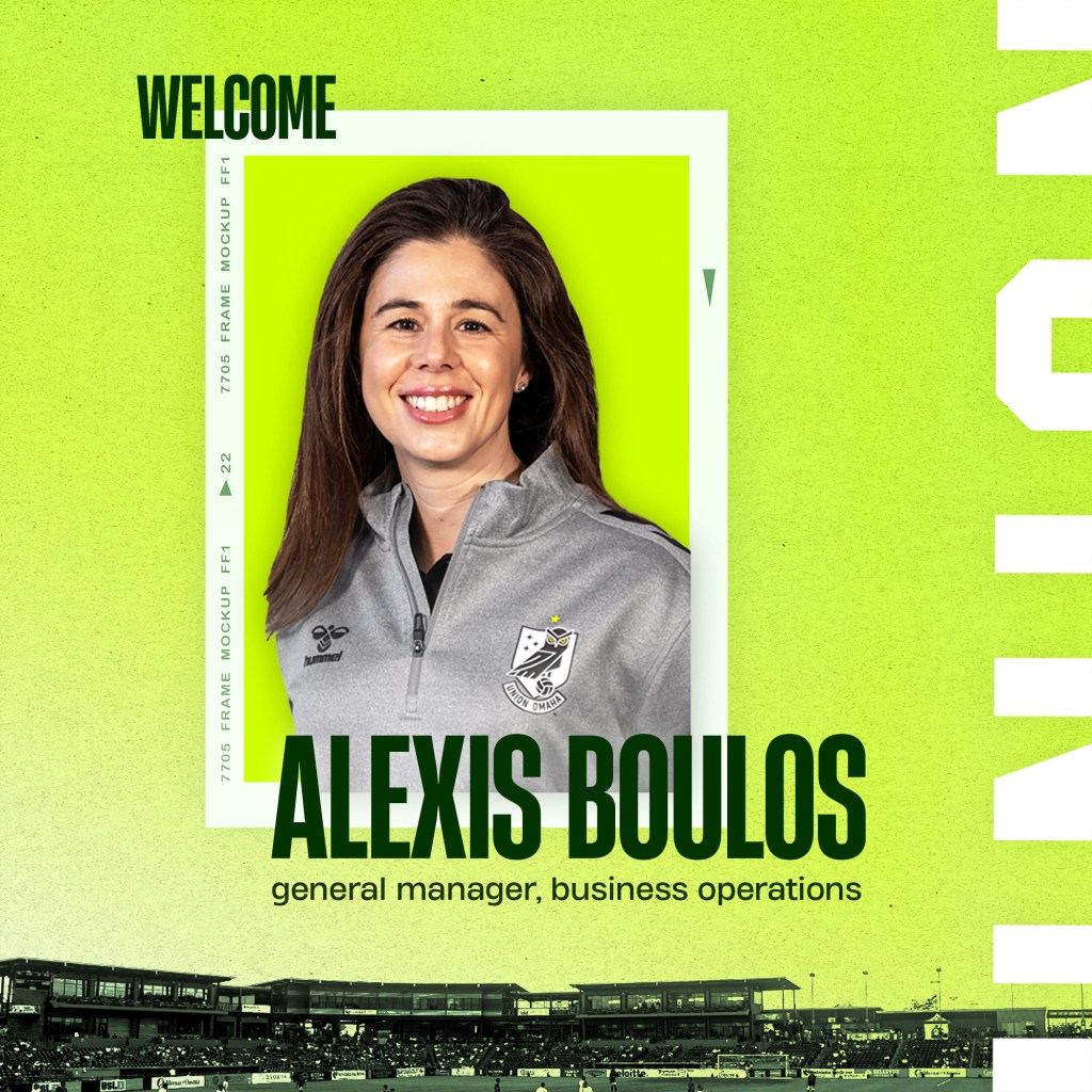 Alexis Boulos, newly-appointed Union Omaha general manager of business operations, pictured in a white photo frame above an image of Werner Park.