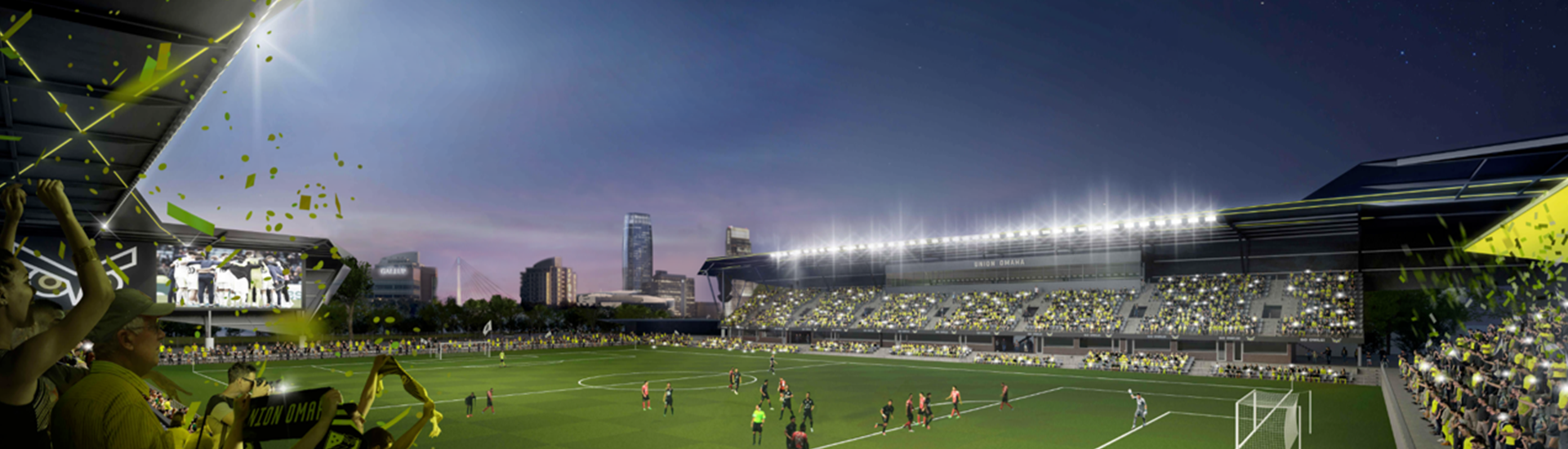A view inside Union Omaha's proposed new stadium, showing sections of fans cheering with the downtown Omaha skyline in the background.