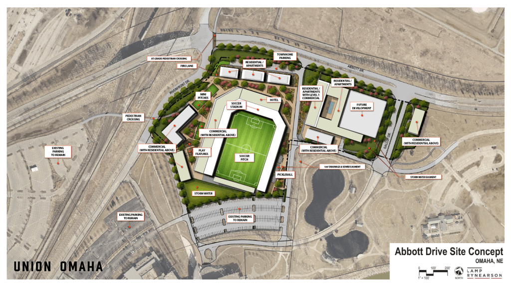 An aerial view of the proposed riverfront stadium development, including lodging, retail, residential space and outdoor entertainment. 