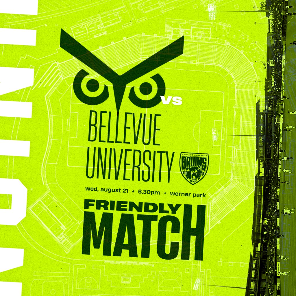 Union Omaha's owl eyes logo next to information about the friendly match against Bellevue University.