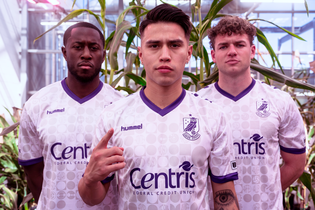 Nortei Nortey, Joe Gallardo and Blake Malone in Union Omaha's new white-and-purple secondary jersey