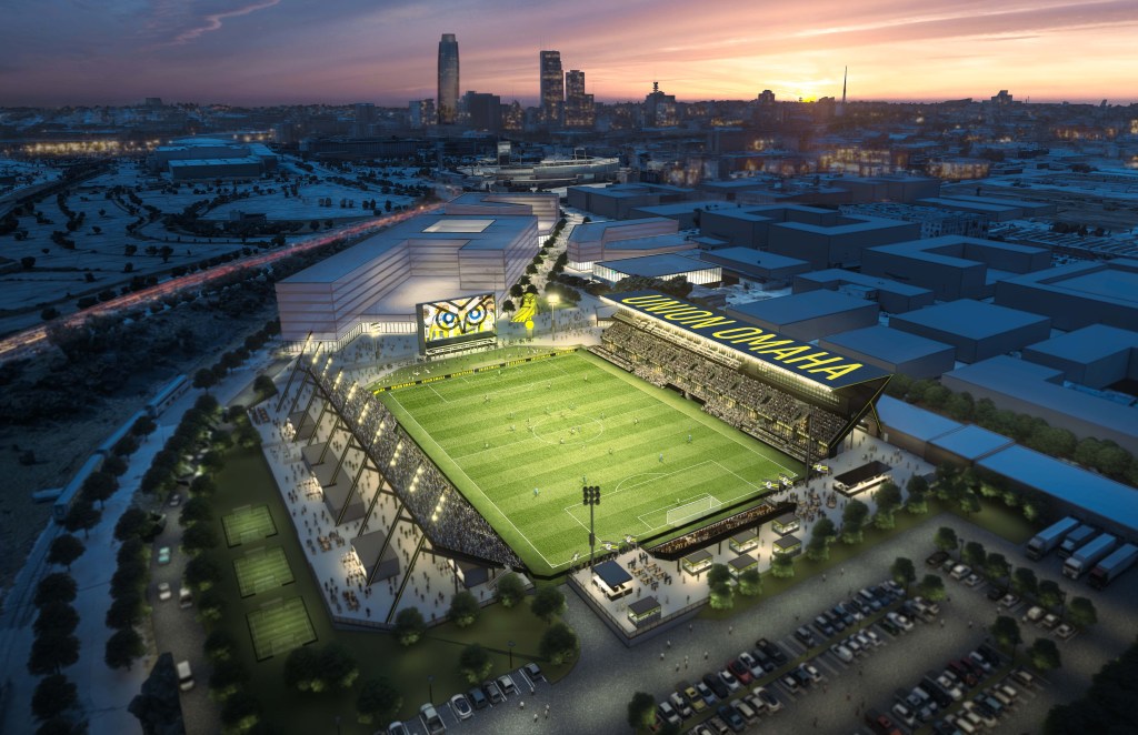 Rendering of Union Omaha and City of Omaha's planned downtown stadium and mixed-use district