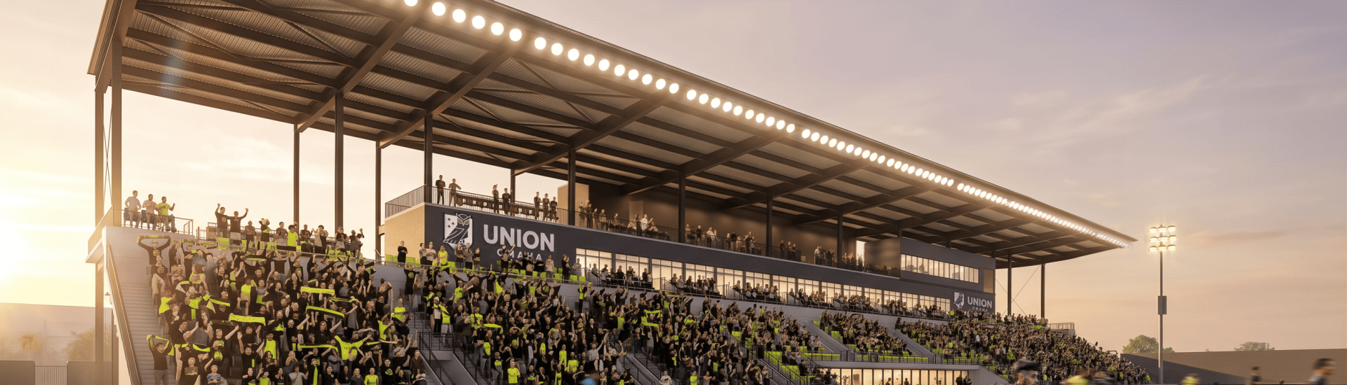 A rendering of the main stand at Union Omaha's future downtown stadium.