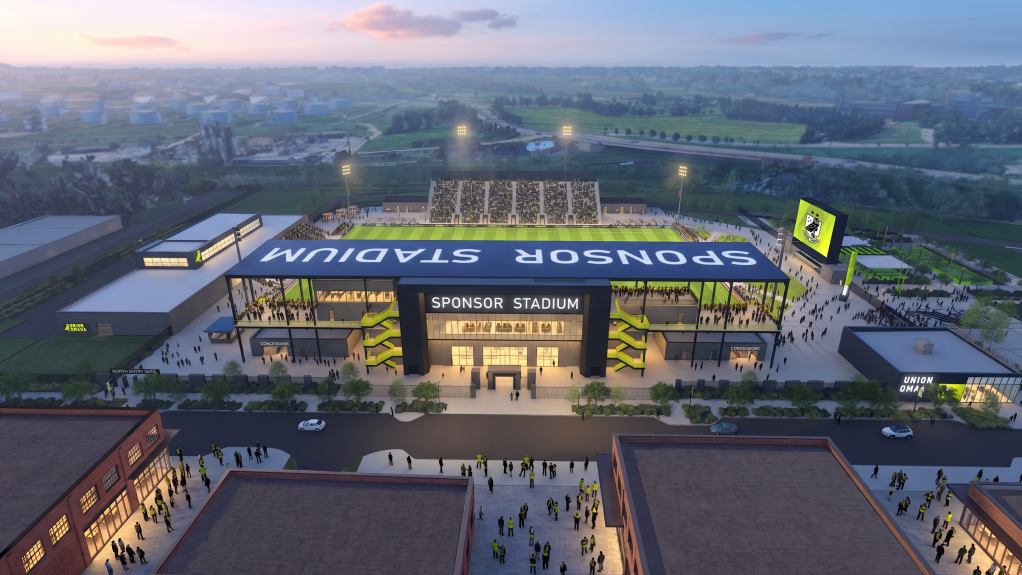 An aerial view from the west side of Union Omaha's projected new stadium. (Aerial view is not a true visualization of Omaha)